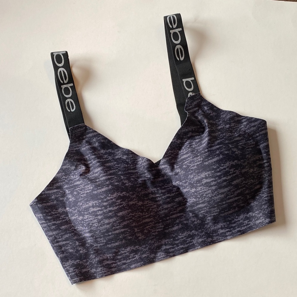 Bebe Black and Gray Sport Bra Removable Pads Laser Cut Logo Strap